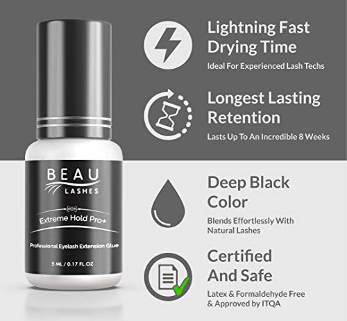 Extreme Strong Hold Professional Eyelash Extension Glue - Strongest Black Bonding Adhesive for Long Lasting Semi Permanent Individual Lash Extensions - 1-2s Fast Drying / 7-8 Week Retention