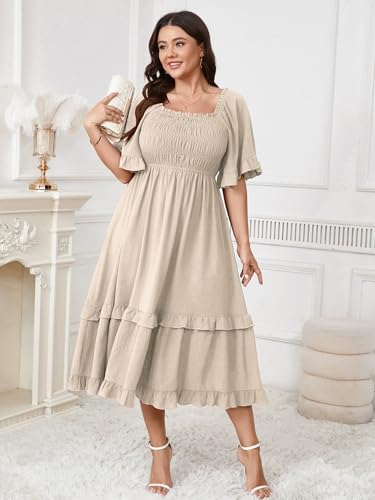 Image of SCOMCHIC Women's Plus Size Maxi Dresses Summer Short Sleeve Square Neck Smocked Wedding Guest Cocktail Boho Long Dress