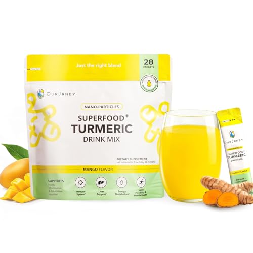 Nano Turmeric Curcumin Drink Powder Supplements–Mango Flavor Daily Morning Routine Immunity Wellness Shot, Gut Health & Joint Support - No Added Sugar, Vegan, Gluten-Free, Non-GMO (28-Pack)