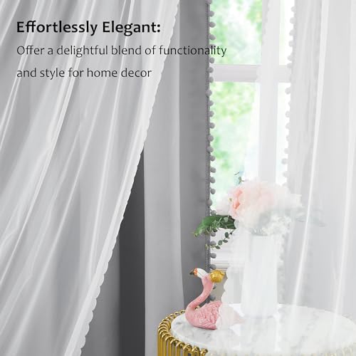 Image of Treatmentex Pom-Pom Blackout Curtains with Sheer Overlay for Living Room Bedroom Kid's Nursery Room, Grey Mix and Match Double Layer Room Darkening Window Curtain Panels with Tie Backs, 2 pcs, 52x84