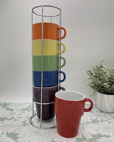 Image of gypsy color 12 oz Cappuccino Stacking Mug Set with Metal Stand, Set of 6