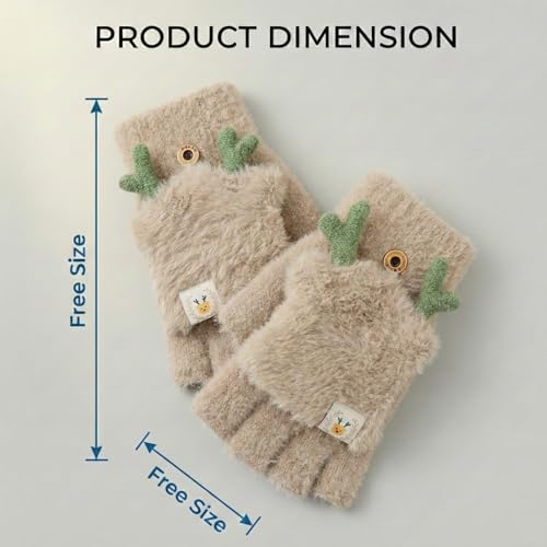 Image of Kraptick Women's Cute Reindeer Plush Convertible Fingerless Gloves - Winter Warm Fluffy Flip-Top Mittens - Korean Style Soft Hand Warmers for Girls & Ladies (Free Size, White)-3