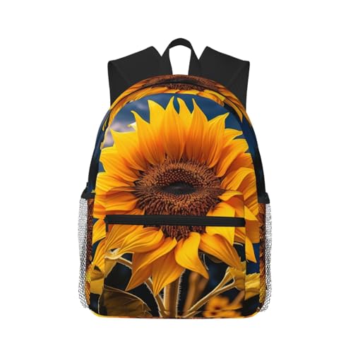 Sac à dos voyage tournesol noir imprimé, sacoche épaule décontractée multi-âge pour bagage cabine
