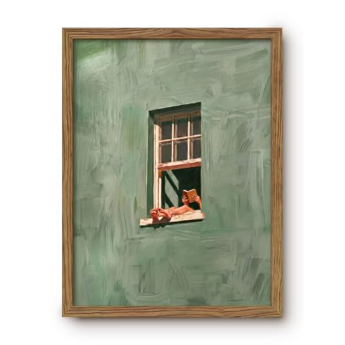 Woman Reading in Window Prints Sage Green Reading Nook Wall Art 12x16 Inch