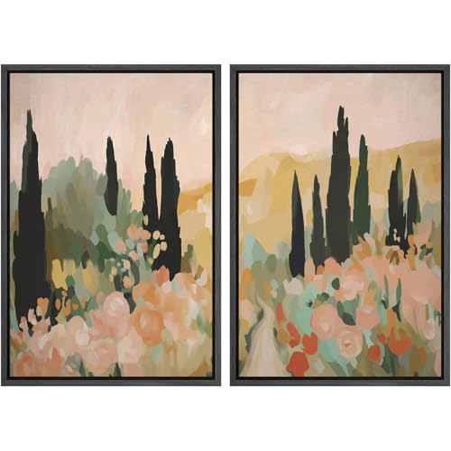 SIGNWIN Framed Canvas Print Wall Art Set Colorful Tuscan Garden Mediterranean Illustrations Modern Art Minimal Relax/Calm for Living Room, Bedroom, Office - 24'x36'x2 Black