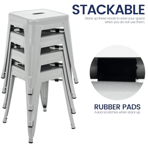 Image of Brage Living 18 Inch Industrial Metal Stools Set of 4, Stackable Classroom Stools, Backless Metal Dining Chairs for Indoor Outdoor, Kitchen Short (Pearl Silver)