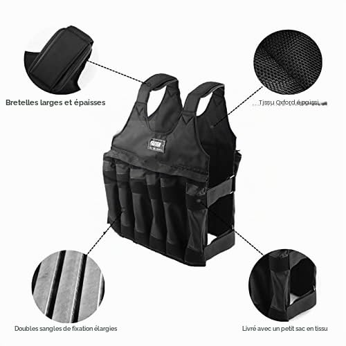 Gilet Lesté Réglable 50 kg, Vide Sans Plaque d'Acier, Avec Poids Amovibles, en Tissu Oxford, 12 Sacs pour Entraînement, Fitness, Boxe