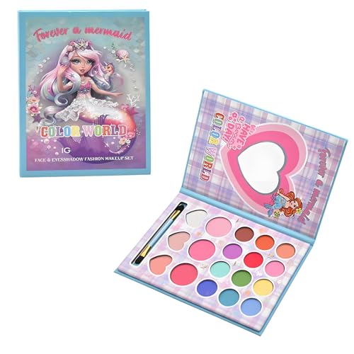 MockTota Kit de Maquillaje para Niñas 3-12 Años - Paleta de Sombras de Ojos Unicornio con 18 Colores, Juguete Creativo Lavable y No Tóxico para Niñas (Incluye Espejo y Brochas)