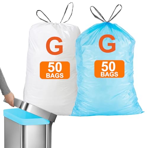 Image of Perfect Fits Code G 100 Count Compatible with simpIehuman Code G 8-9 Gallon 1.2 Mil THICK Heavy Duty with Reinforced Drawstring Leak-Proof Tear Resistant White 50 & Blue 50 Total 100 Count GRAND SAVE!