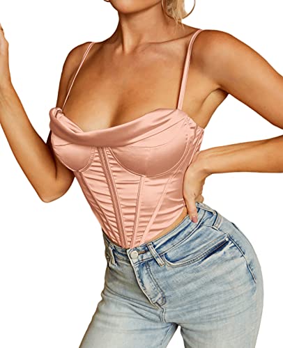 Satin Spaghetti Strap Party Crop Top Rave Cute Zip Back Outfits Corset Y2K Fashion Bustiers for Women