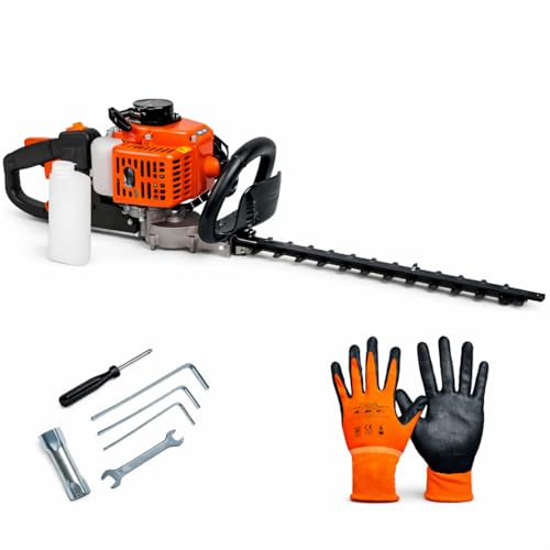 Cortasetos de gasolina con motor de 2 tiempos de 23 cc, cuchillas de doble corte de 60 cm, mango giratorio articulado y ergonómico, espaciado de dientes de 20 mm: ligero, potente y fácil de manejar
