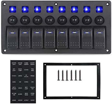 8 Gang Boat Rocker Switch Panel Waterproof Marine Switch Panel 12V Aluminum Switch Panel Marine Toggle Switches ON/Off with Circuit Breaker 5A 10A 15A for Car RV Truck Blue LED 8Gang Panel
