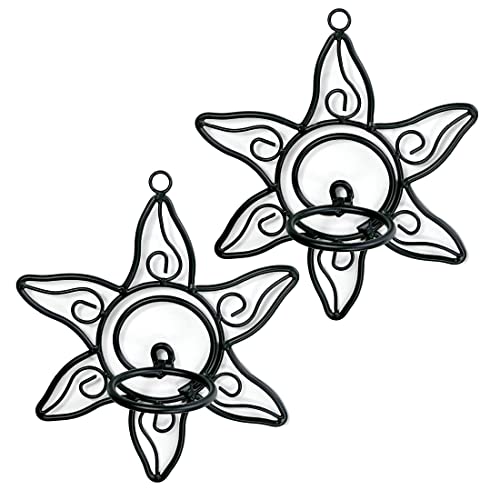 Lily’s Home Southwestern Sun Decorative Votive Candle Tea Light Wall Mount Sconces, Black Steel, With Clear Glass Tealight Candle Holders, Set Of 2 #TOP2