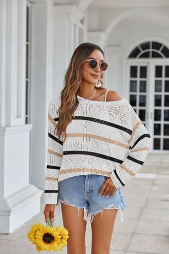 Image of Zeagoo Crochet Tops for Women Off The Shoulder Hollow Out Stripe Knit Loose Long Sleeve Boatneck Summer Clothes White Khaki Black Stripe XXL