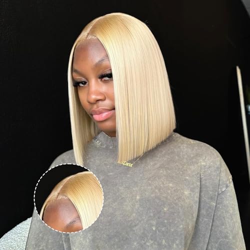 EINbeauty Peluca Bob Corta 9x6 de Cabello Humano Rubio - Wear and Go Sin Pegamento, Pre Cortada, Para Mujeres Negras, 200% Densidad, Lisa (10 Pulgadas, 613#)