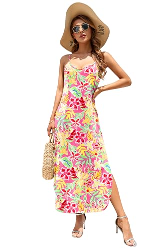 Image of HUSKARY Women's Summer Casual Sleeveless V Neck Strappy Split Loose Dress Beach Cover Up Long Cami Maxi Dresses with Pocket