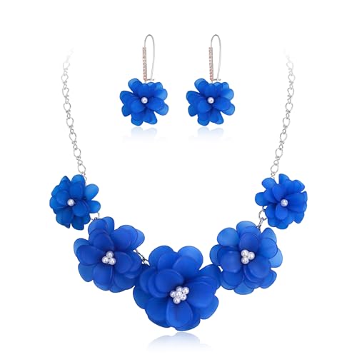EVER FAITH Dark Blue Flower Collar Necklace, Faux Pearl Floral Summer Beach Statement Choker Necklaces Dangle Earrings for Women, Handmade Fashion Boho Party Prom Jewelry Accessories