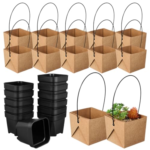 Genérico Mini Macetas Plástico para Suculentas con Drenaje 12 Piezas con Bolsa De Papel Kraft Asa Ideal para Decoración De Mesa Jardín Y Favores De Boda