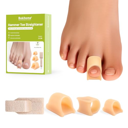 Bukihome Hammertoe Corrector - 6 Count Gel Toe Straighteners and 1 Count Broken Toe Wrap - Realign Bent, Curled, Crooked, Claw, Hammer Toes - Toe Corrector Splints for Men and Women, 4 Different Sizes