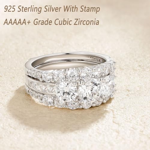 Wuziwen Vintage Three Stone Engagement Rings for Women Sterling Silver Wedding Bridal Sets Round Cut Band Ring Enhancer Cubic Zirconia 6