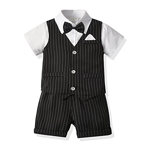 Carlstar Baby Boys Formal Set Little Boys Gentleman Suit Vest+Short Set+Bow Tie 4pcs Boys Short Sleeve Wedding Clothes (Navy Blue, 4-5T)