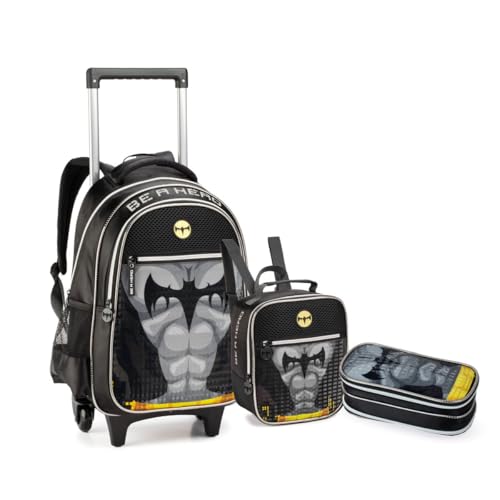 Kit Mochila Rodinha Lancheira Estojo Morcego Héroi