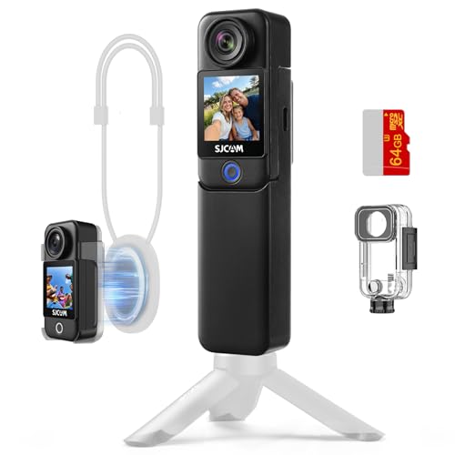 SJCAM C300 Pocket Travel Action Camera 4K,7Hour Power,154° Wide FOV Video Recording,6-Axis Stabilization,Dual-Touch Screen Body Camera,30M Waterproof,Vlogging YouTube Live Streaming,Black 64G Card