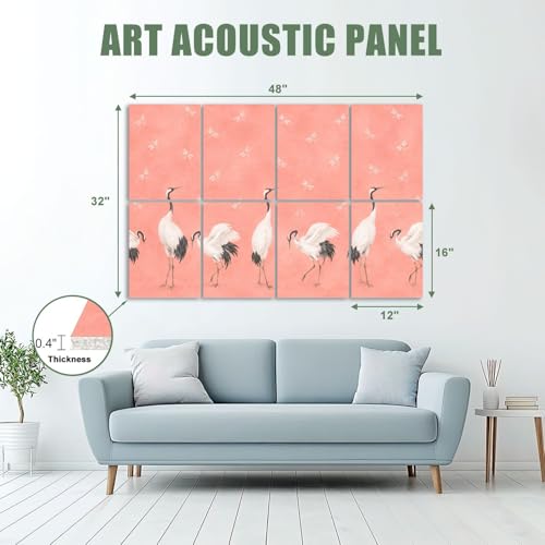 8 Paneles Acústicos Artísticos Pack de 8 Paneles Blancos Elegantes con Grullas y Libélulas Rosas, Absorbentes de Sonido y Autoadhesivos para Estudios de Grabación y Oficina 48"x32" miniatura 2
