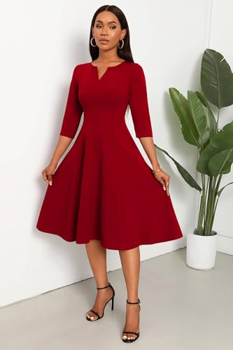 Image of Nmoder Midi Dresses for Women A-Line Fit and Flare Dress 3 /4 Sleeve V Neck Cocktail Wedding Guest Work Dress with Pockets