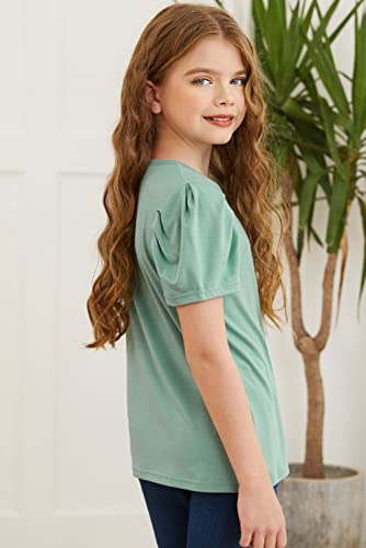 Blibean Girl Puff Short Sleeve Shirt Tween Kid Summer Solid Tops Casual Clothing Fashion Clothes Round Neck Blouse Spring Outfits Size 8-9 Years Large Green #TOP7