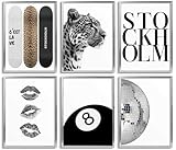 Fashion Trendy Leopard Wall Art Set of 6 Stockholm Preppy Room Painting Picture Wall Decor Black White Aesthetic Cheetah Poster Print Artwork for Girls Bedroom Dorm Apartment Home Decoration Unframed
