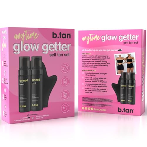 Image of b.tan Dark Self Tanner Gift Box | Anytime Glow Getter Bundle - 2 Pack Sunless Tanning Mousse with Mitt, 1 Hour Express Fake Tan Foam, Best Christmas Stocking Stuffer Fast Bronze, Face & Body