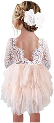 2Bunnies Girl Peony Lace Back A-Line Tiered Tutu Tulle Flower Girl Dress (Pink 3/4 Sleeve Short, 6Months)