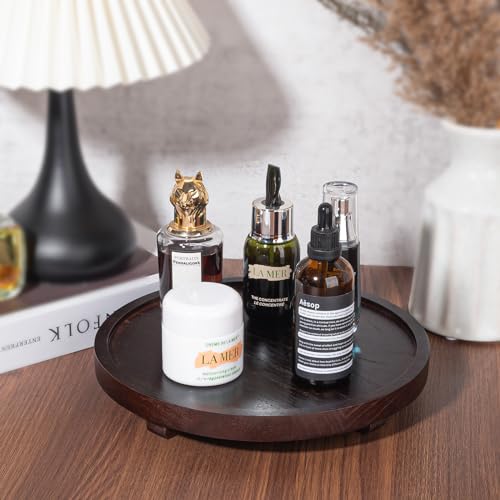 Round Decorative Tray Wood Bathroom Counter Organizer Farmhouse Kitchen Decor Wooden Riser for Soap Dish, Perfume, Candle, Sponge, 10" - Walnut by zoocatia - Image 2