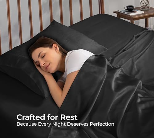 Image of Royale Linens Bamboo Viscose Full Flat Sheets Only - Cooling Sheets - Organic Viscose Derived from Bamboo - Full Size Flat Sheet Only - Top Sheet - Breathable & Silky Bedding (Full, Black)