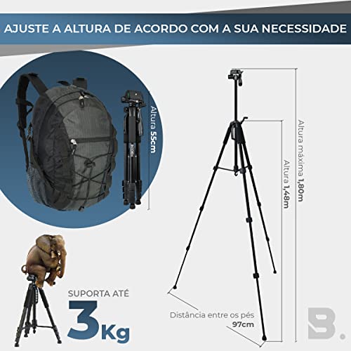 Tripé 1,80m Profissional Universal para Câmera e Celular com Controle Bluetooth