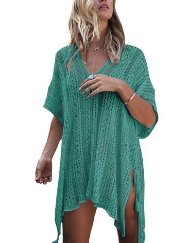 shermie Swimsuit Cover Ups for Women Short Sleeve V Neck Side Slit Loose Casual Mesh Knit Crochet Top Green