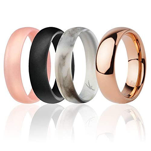 ROQ Classic 6mm Tungsten Carbide Wedding Band Ring for Women & 3 Silicone Rings for Work Sport Hiking – Dome Comfort Fit Style - Size 6