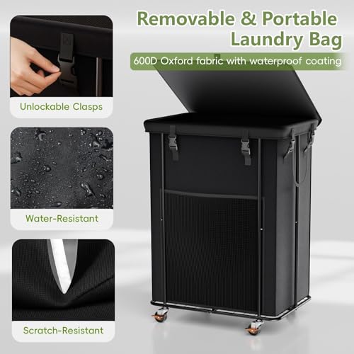 Image of 220L Laundry Hamper with Lid, Rolling Laundry Basket with Wheels, Large & Tall Dirty Clothes Hamper with Metal Frame and Removable Bag for Bedroom Aesthetic, Laundry Room, Bathroom, Dorm
