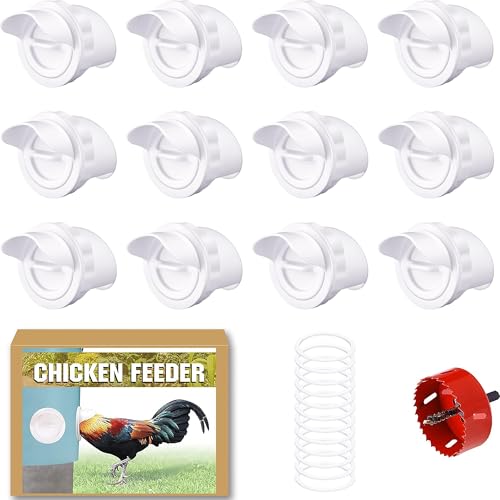DIY No Waste Chicken & Poultry Feeder, 12-Port Gravity Feed Kit w/Covers & Hole Saw, Self-Feeder for Large Flock, for Buckets Barrels Bins Troughs Stock Tanks, BPA-Free Chickens, Ducks, Geese & More