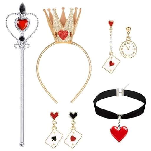 YCWSSB 5 piezas de accesorios para disfraz de reina, corazón rojo, juego de disfraz con corona de varilla, collar de corazón, pendientes para mujeres y niñas, para cosplay, vestido de fiesta | Ya disponible en tu tienda friki favorita! En mundofriki.es!