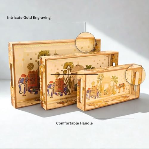 Image of Wooden Serving Tray with Gold Engraving | Set of 3 | Size : 16 x 10 inch, 14 x 8 inch & 12 x 6 inch | Enamel Coated Waterproof | Rectangular | Decorative Trays | Royal Camel and Elephant Set