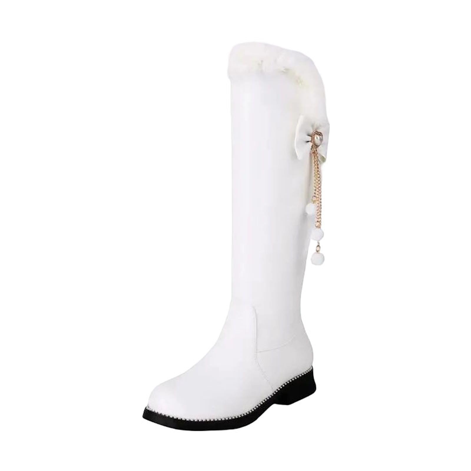 Womens Knee High Boots Round Toe Low Block Heel Slip On With Butterfly-Knot Accent For Dating And Parties
