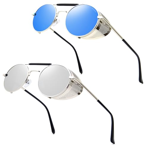 RONSOU Steampunk Style Round Vintage Polarized Sunglasses Retro Eyewear UV400 Protection Matel Frame A11 2pcs Silver Frame Silver Lens + Silver Frame
