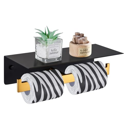Image of Angle Simple Bathroom Toilet Paper Holder with Phone Shelf, Black and Gold | SUS304 Stainless Steel, 2 in 1 Tissue Roll Holder, Double Roll Storage, Top Shelf for Phone Wet Wipe Small Item, Screw Mount