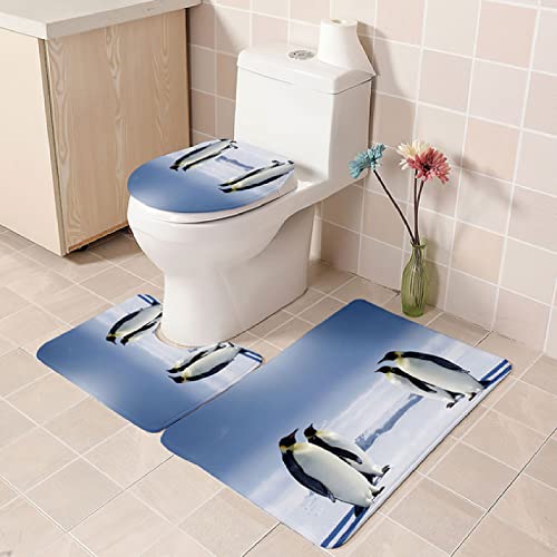 Badezimmer Teppich Set Weich Waschbar Badezimmerteppich 3 TLG rutschfeste Badeteppich WC Vorleger Deckelbezug U-förmige Konturmatte Memory Schaum Badezimmermatte ( Blauer Tierpinguin )