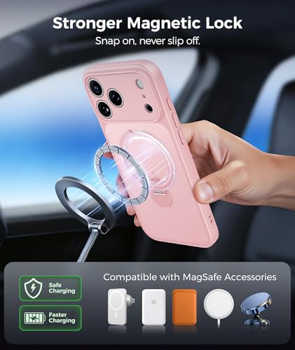 Image of FNTCASE for iPhone 17 Pro Case: [360 Spin Magnetic Stand] [Compatible with Magsafe] [Screen Protector] Translucent Matte Military Grade Shockproof Full Camera Protective Phone Cover - Pink
