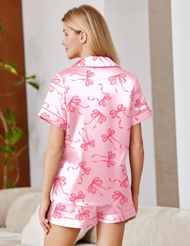 Image of Ekouaer Satin Pajamas for Women Silk Pjs Short Set 2 Piece Lounge Sets | Short Sleeve Button Up Sleepwear,Notch Collar,Sleep,Bridal,Maternity,Postpartum,Wedding Party,Daily,Working from Home,Gifts