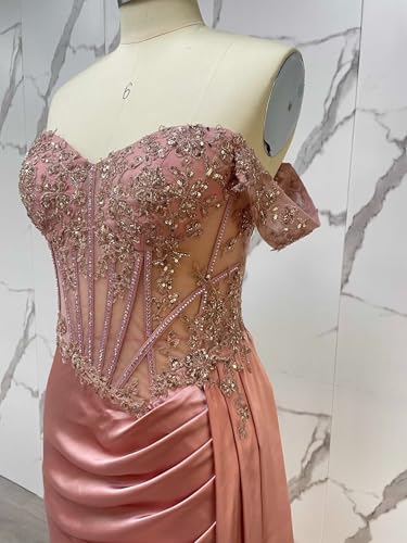 GUKARLEED Women's Off The Shoulder Prom Dresses with Slit Sequin Lace Appliques Ruched Satin Formal Dress for Wedding Guest3