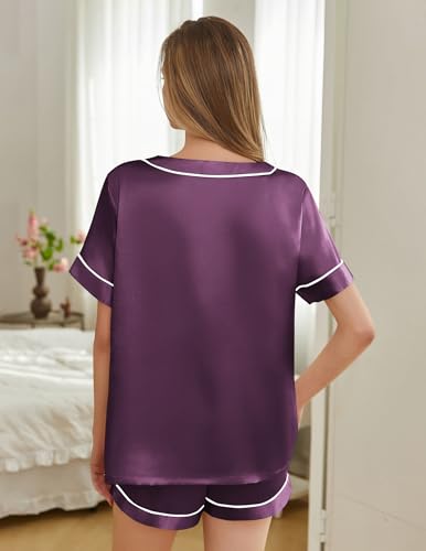Image of Silk Pajamas for Women Short Sleeve Satin 2 Piece Pj Set Soft V Neck Sleepwear Loungewear, S-XXL